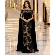 Black Embellished Evening Gown with Elegant Cape