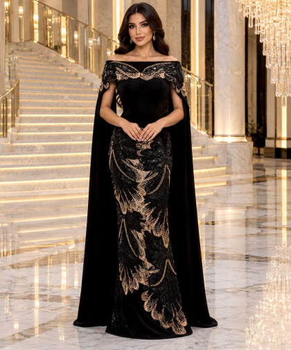 Black Embellished Evening Gown with Elegant Cape