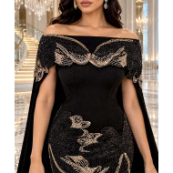 Black Embellished Evening Gown with Elegant Cape