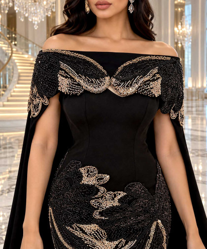 Black Embellished Evening Gown with Elegant Cape