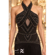 Black Luxury Evening Dress with Crystal Embellished Halter Neck and Long Fringe Details