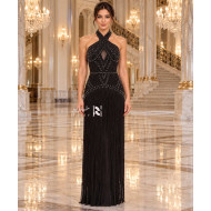 Black Luxury Evening Dress with Crystal Embellished Halter Neck and Long Fringe Details