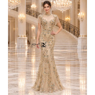 Beige Embroidered Mermaid Evening Dress with Beaded Shoulder Fringe