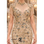 Beige Embroidered Mermaid Evening Dress with Beaded Shoulder Fringe