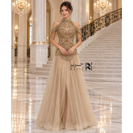 Beige Gold Embroidered Evening Dress with Beaded Shoulder Fringe