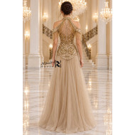 Beige Gold Embroidered Evening Dress with Beaded Shoulder Fringe