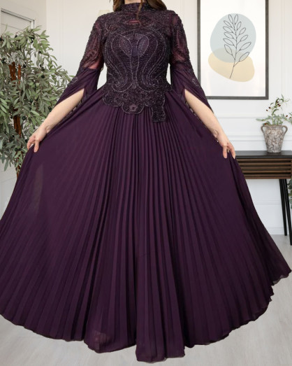 Royal Evening Dress with Embroidered Details and Wide Chiffon Sleeves Dark Purple - Royal Evening Dress with Embroidered Details and Wide Chiffon Sleeves Dark Purple -