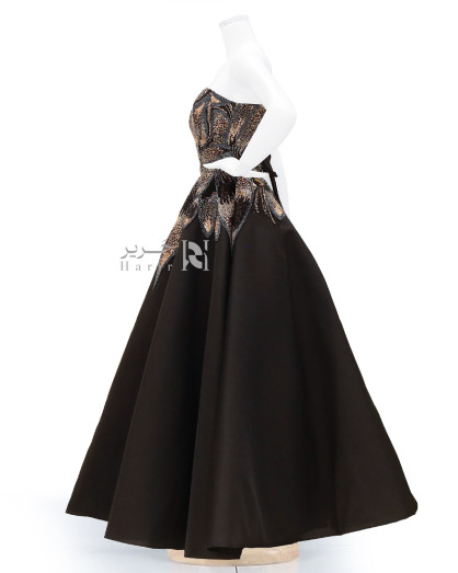 Royal Evening Gown with Beaded Embroidery and Shimmering Sequins on Black Satin Fabric - Royal Evening Gown with Beaded Embroidery and Shimmering Sequins on Black Satin Fabric -