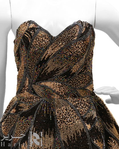 Royal Evening Gown with Beaded Embroidery and Shimmering Sequins on Black  Satin Fabric -